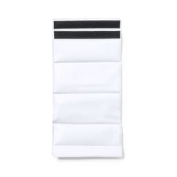 A drink bottle cooler in white with multiple sections and black velcro strips at the top.