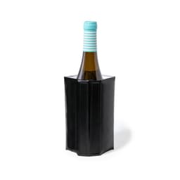 A drink bottle cooler in black, featuring a striped turquoise neck, designed to keep beverages chilled.