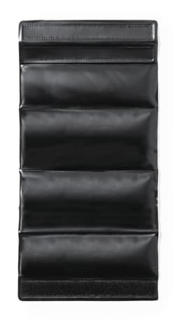 A drink bottle cooler in black, featuring multiple compartments and a sleek design. It includes a logo on its surface.