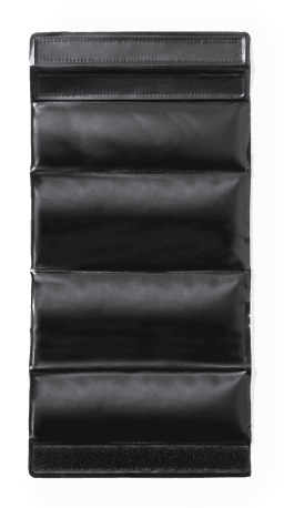 A drink bottle cooler in black with a sleek, foldable design and a velcro strap at the bottom.
