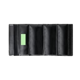 A drink bottle cooler in black with multiple compartments, featuring a logo and a green patch.