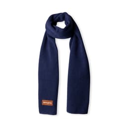 A navy scarf made from soft fabric, featuring a small logo on one end.