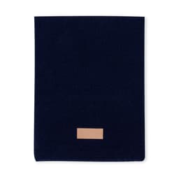 A navy blue scarf with a simple logo on the lower portion. 