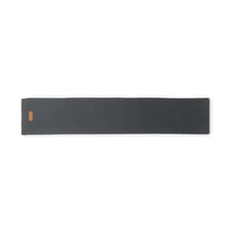 A grey scarf with a small logo, featuring a long and narrow design, suitable for various styles.