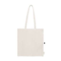 A light beige foldable bag with two handles and a small attachment point, featuring a logo.