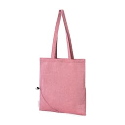 A pink foldable bag with two handles and a small branding logo on the side. Suitable for various uses.