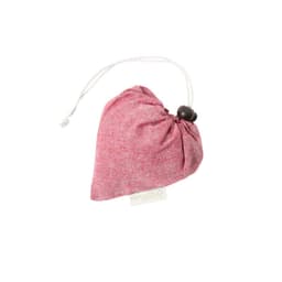 A red foldable bag shaped like a heart, made from recycled cotton, with a drawstring closure and a small logo.