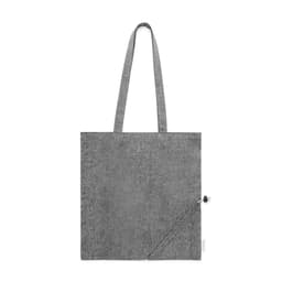 A grey foldable bag with two handles and a zipped pocket at the base. It features a logo.