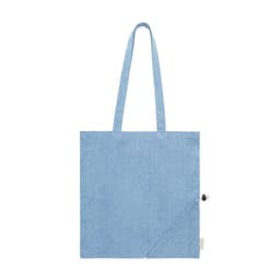 A light blue foldable bag with two straps and a small pocket featuring a logo.
