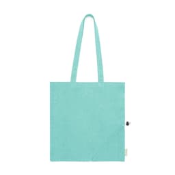 A foldable bag in a light turquoise colour with two handles and a small pocket detail. It features a logo.