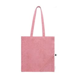 A pink foldable bag with two handles, featuring a side pocket and a small logo. Ideal for various uses.