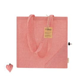 A foldable bag in a soft pink hue, featuring handles and a compact pouch for storage. It includes a branding logo.