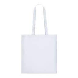 A white tote bag with two handles and a blank surface. It features a branding logo.