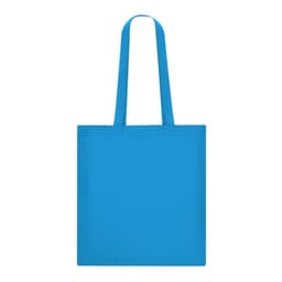 A bright blue tote bag with two handles and a simple design, featuring a branded logo.