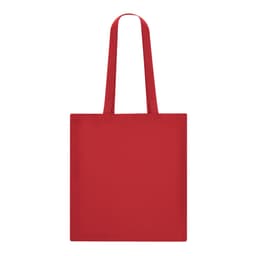A red tote bag with two shoulder straps and a simple design. It features a branding logo.