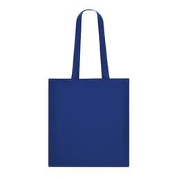 A blue tote bag with two handles and a simple design. It features a logo on one side.