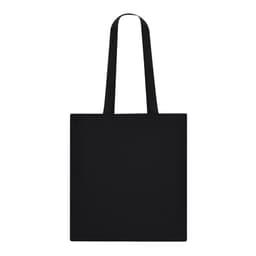 A black tote bag with two long handles and a simple design, featuring a logo on one side.