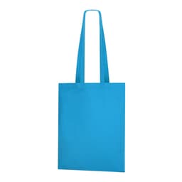A blue tote bag with long handles and a blank surface. It features a logo on one side.