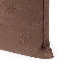 A brown tote bag with a textured fabric surface and a neatly stitched edge. It features a logo.