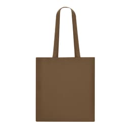 A brown tote bag with two handles and a plain surface. It has a logo on one side.