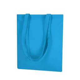 A bright blue tote bag with two shoulder straps and a simple design. The bag features a logo.