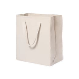 A cream-coloured tote bag with sturdy handles and a simple design. It features a logo on one side.