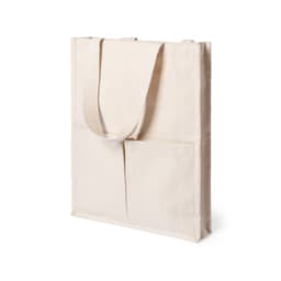 A beige tote bag with long handles and two front pockets. It features a simple design and has a logo.