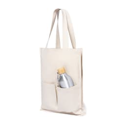 A beige tote bag with two pockets, featuring a silver drink bottle nestled inside one of the pockets.