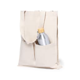 A beige tote bag with a drink bottle in one of its side pockets. The bag features long straps and has a logo.