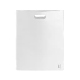 A white bag featuring a handle and a minimalist design, with a logo on the bottom right corner.
