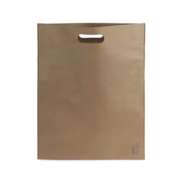 A brown paper bag with a handle and a logo on the bottom right corner.