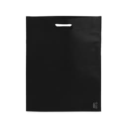 A black promotional bag featuring a handle and a logo at the bottom.