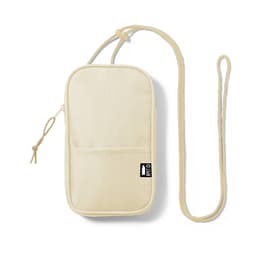 A beige, rectangular bag with a strap and pocket, featuring a small logo.