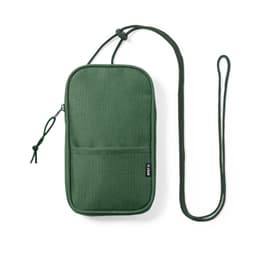 A green Landry Bag with a zip closure, featuring a front pocket and an adjustable strap. It has a logo on it.