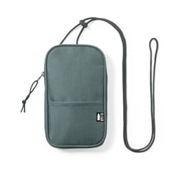 A green pouch bag with a zipper, featuring a strap and an external pocket, includes branding.