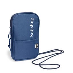 A navy blue pouch bag with a strap and a front pocket, featuring a logo on the front.