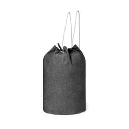 A grey drawstring duffel bag with white cords, featuring a simple design and a logo.
