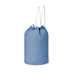 A blue drawstring duffel bag with a cinched top and white straps, featuring a logo.