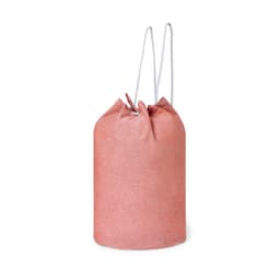 A peach-coloured drawstring bag with grey straps, featuring a simple design and a branding logo.