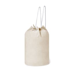 A beige drawstring duffel bag with grey cords and a small logo tag.