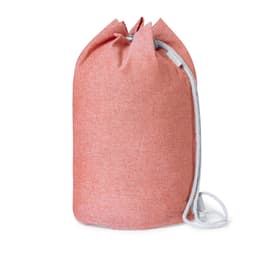 A pink drawstring duffel bag with a light grey cord, featuring a logo on the side.