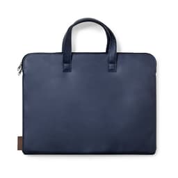 A navy blue bag with two handles and a zip closure, featuring a small logo on the side.