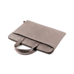 A grey bag with handles and a zippered compartment, featuring a smooth, minimalist design and a logo.