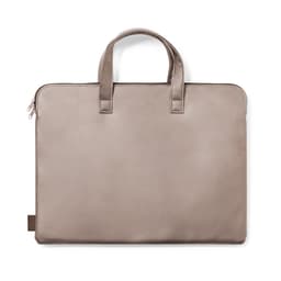 A light brown bag with two handles and a smooth surface, featuring a zip closure and a logo.