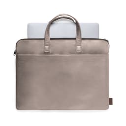 A grey leather laptop bag with two handles and a front pocket, containing a silver laptop inside.