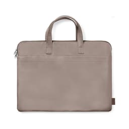 A taupe bag with two handles and a zip closure, featuring a flat front pocket and a logo.