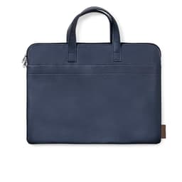 A navy blue bag with a zipper closure and two handles, featuring a simple design and a logo.