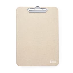 A beige clipboard with a silver clip and a logo in the bottom right corner.