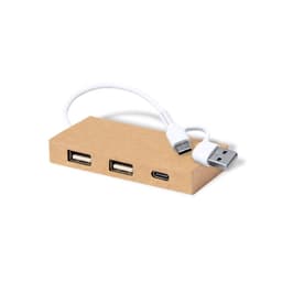 A beige USB hub featuring two standard USB ports and one USB-C port, with a white connecting cable.