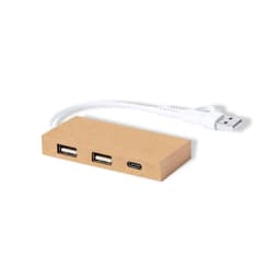 A brown USB hub with two standard USB ports and one USB-C port, connected by a white cable.
